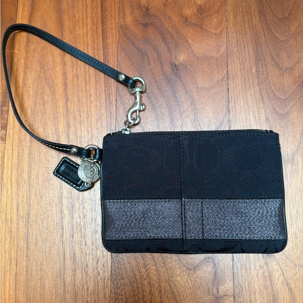Coach Black Leather Wristlet with Silver Accents